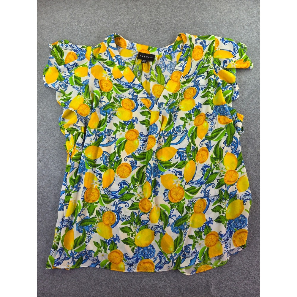Premise Woman Lemon Print Flutter Sleeve V-Neck Blouse 1X Yellow Blue Coastal